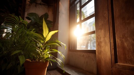 Fototapeta premium Golden sunlight streams through a window illuminating a lush potted plant indoors with a warm and tranquil glow