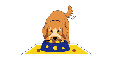 Happy dog eating from blue bowl with yellow dots, isolated on white background © rahma