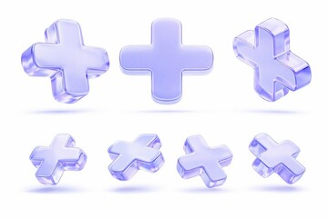 Obraz premium Glossy purple plus signs, 3D icons, symbols, and crosses on white background