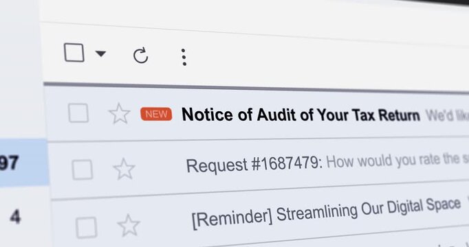 Incoming email with title Notice of Audit of Your Tax Return, new e-mail with tax audit confirmation, close up footage