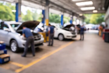 Fototapeta premium Blurred Auto Repair Shop Interior with Mechanics