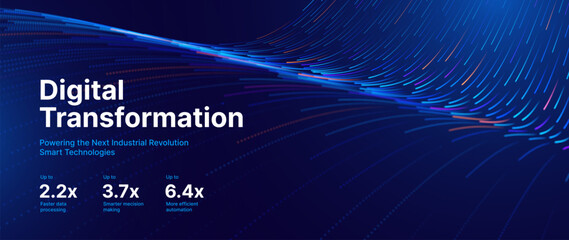 Obraz premium Modern Big Data Visualization Template with AI Particle Effects and Continuous Digital Flow Lines. Perfect for Scientific Reports, Artificial Intelligence Presentations, or Corporate Data-Driven Desig