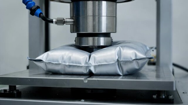 Medium shot focusing on compression testing equipment applying pressure to a bag demonstrating evaluation of resistance to crushing and deformation.
