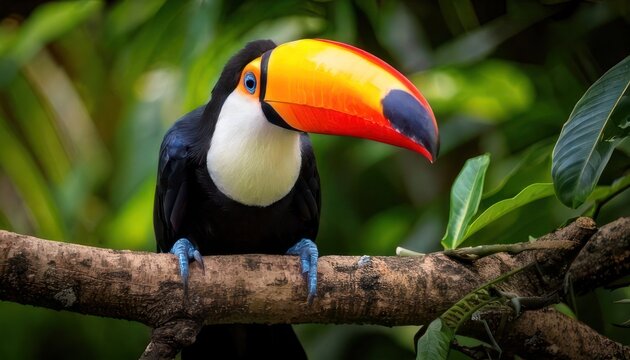 Vibrant Toucan Perched on Branch in Lush Rainforest Setting.