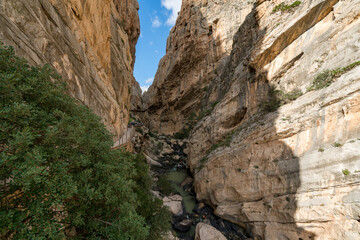 Caminito del Rey, The King's Path walkway pinned along the steep walls of a narrow gorge in El Chorro near Malaga, Spain