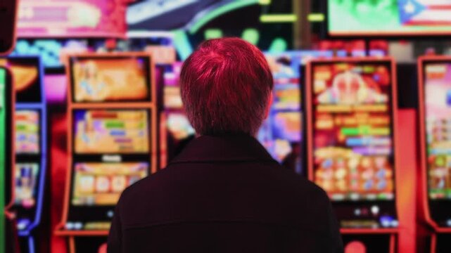 Man walking inside a casino, slot machines, gambling in las vegas, poker and slots playing, hotel with casino lobby. Bad habbits.