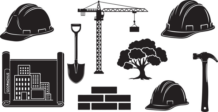 Construction site icons and tools for building projects