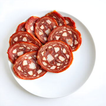 Traditional Hungarian winter salami with characteristic white noble mold casing sliced on wooden board
