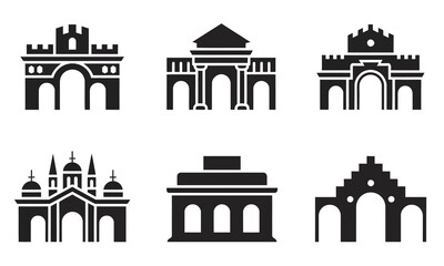 Obraz premium Set of Monumental Arch and City Gate Silhouettes, vector illustration collection representing historical landmarks, triumphal architecture, and classical urban design, 