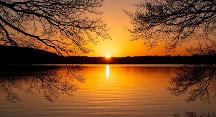 Serene lake scene at sunset with tree silhouettes and calm water reflecting vibrant orange hues in the evening sky