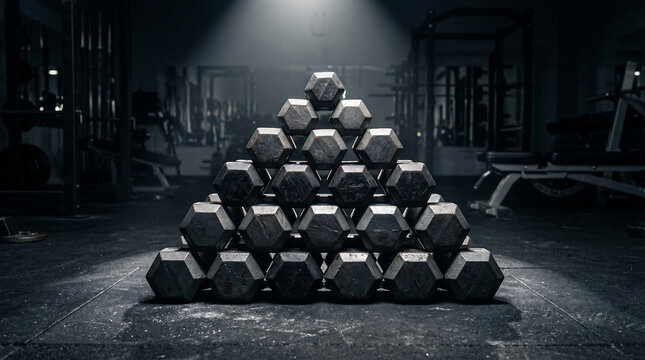 Stacked Dumbbells Pyramid on Dark Fitness Gym Floor