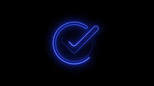 Glowing Blue Neon Checkmark Icon in a Circle on Black Background. Minimalist Digital Symbol for Approval, Success, Verification, and Task Completion.
