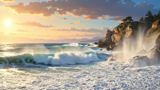 Stunning coastal landscape featuring crashing waves, y cliffs, and a vibrant sunset over the ocean.