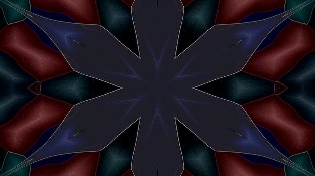 Symmetrical kaleidoscope motif with blue diamond shapes forming a glowing geometric pattern on a black background.	