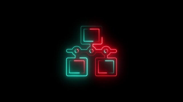 A futuristic neon-lit icon of a hierarchical tree structure or network diagram against a dark background, ideal for technology, business organization, and digital connectivity themes.