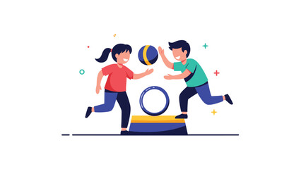 Fototapeta premium Two children, a boy and a girl, having fun while playing with a ball and a hoop in an active and colorful outdoors environment.
