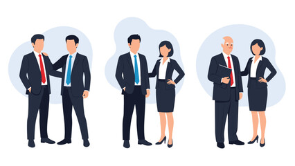 Group of professional businessmen and businesswomen standing together in teams, representing partnership and corporate hierarchy.