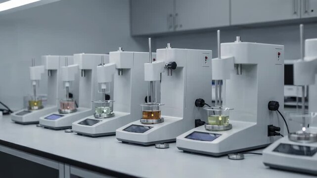 Medium shot of a quality control lab bench featuring multiple viscometers and digital flash point testers for precise measurement of liquid sample properties.
