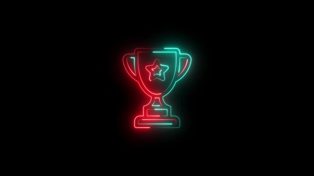 Neon glowing trophy cup icon with red and cyan outlines and a star, representing achievement, success, or gaming victory on a dark background.