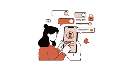 Fototapeta premium Woman interacting with smartphone online profile security icons and chat bubbles floating above