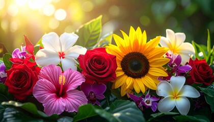 Fototapeta premium Vibrant bouquet of roses, sunflowers, hibiscus, and plumeria flowers in full bloom outdoors