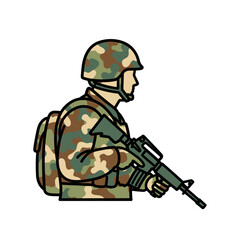 Fototapeta premium Soldier in camouflage uniform with rifle and backpack, side view, military concept