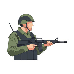 Fototapeta premium Soldier in tactical gear holding an assault rifle, ready for action