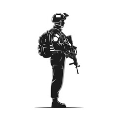 Naklejka premium Soldier in tactical gear with rifle and backpack, profile view, black and white