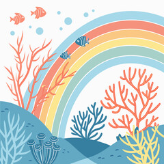 Naklejka premium Stylized rainbow over underwater scene with coral, plants and cute fish