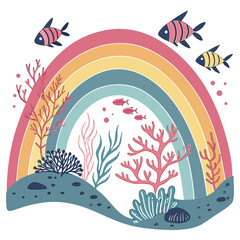 Fototapeta premium Underwater scene with rainbow arch, coral reefs, seaweed and stylized fish swimming