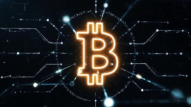 Glowing neon Bitcoin symbol with digital circuit network ring in futuristic cryptocurrency concept