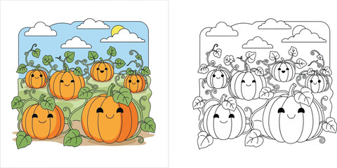 Obraz premium Cute cartoon pumpkin patch with smiling faces for children coloring page illustration