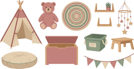 Sustainable nursery playroom decor elements with teepee tent plush bear woven rug in dusty rose sage oatmeal for eco conscious children branding design © Madhuka Disanayaka