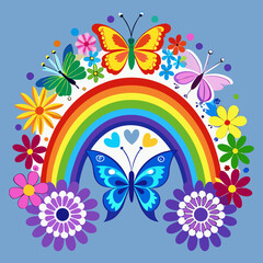 Vibrant Rainbow with Butterflies and Flowers, Colorful Floral Celebration, Whimsical Art