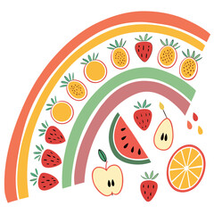 Collection of colorful fruits like strawberries, apples, and oranges arranged on and around a rainbow