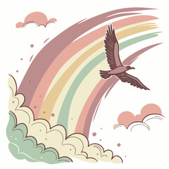 Naklejka premium Stylized Bird Flying Through a Pastel Rainbow and Clouds