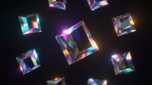 Futuristic looping seamless abstract three dimensional shapes slowly rotating shifting dark background surreal ambience cascading softly abstract cinematic loop