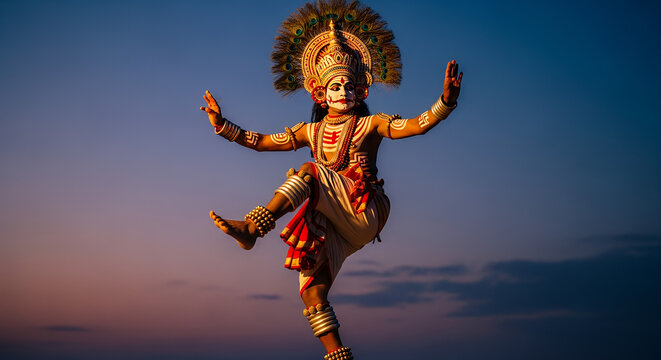 Chaitra Jatra, A Danda Nata performer in a dynamic pose, wearing a crown of peacock feathers and traditional anklets, body painted with sacred symbols
