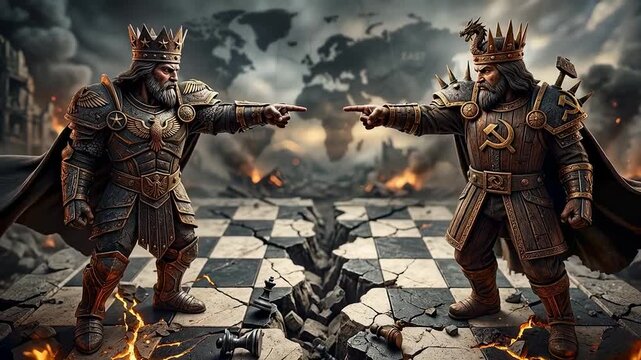 Two kings in armor point fingers across broken chessboard with lava