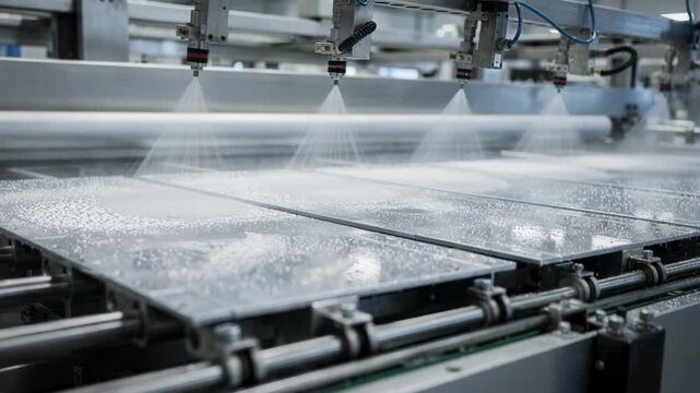 Medium shot of steel panels receiving a precise application of microcapsulebased anticorrosion inorganic coatings in a hightech selfhealing coating line environment.