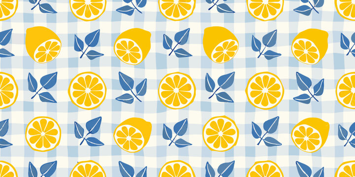 A repeating pattern of lemons leaves and blue gingham checks