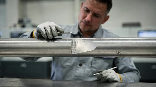 Medium shot capturing a technician inspecting a chamfered fiber tube notch ensuring smooth edges and optimal assembly performance.