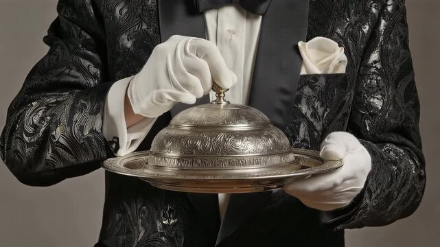 A silver tray with a lid is held by a butler wearing gloves and a tuxedo.