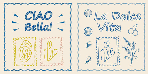 Italian phrases ciao bella and la dolce vita with illustrative stamps © Lalin