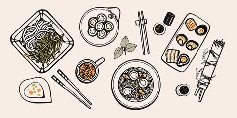 An overhead view of various japanese and asian cuisine dishes © Lalin
