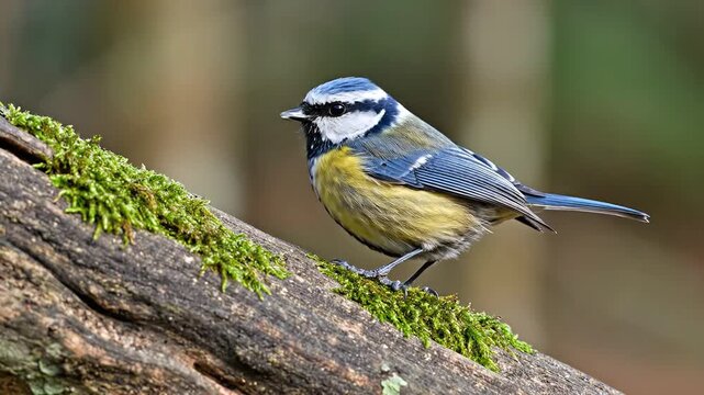 Closeup of a Blue Tit bird perched on a mossy branch in a forest setting.