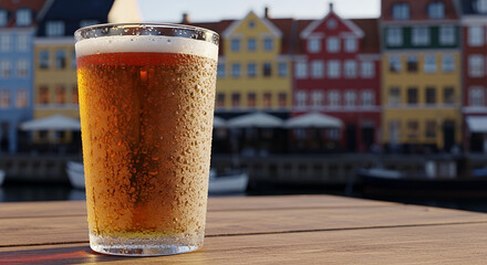 Copenhagen Beer Week, A close-up of a frosty craft beer glass with condensation, placed on a rustic wooden table with the iconic colorful houses of Nyhavn blurred in the background