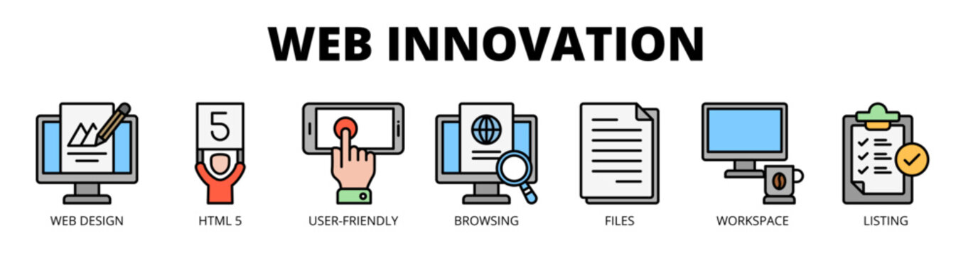 Web innovation web banner icon vector illustration concept with icon of web design, HTML5, user-friendly interface, browsing, files, workspace, and listing.