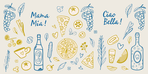 Italian themed doodle illustration with food lettering and decorative elements © Lalin