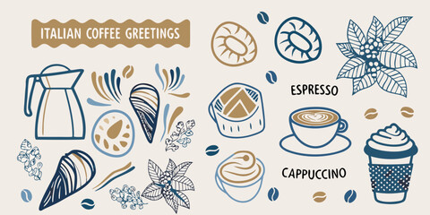Italian coffee themed illustrations with beans cups and floral elements © Lalin